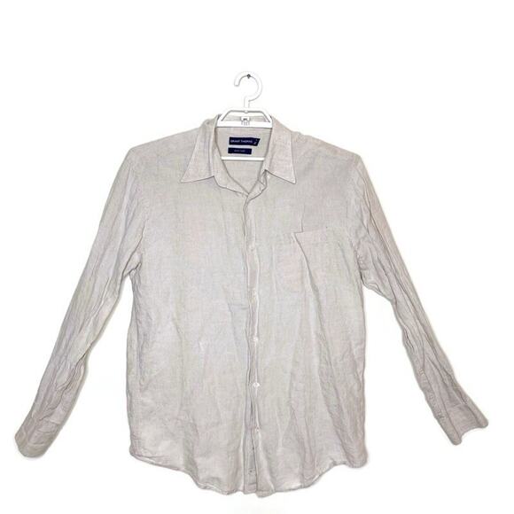 GRANT THOMAS Men's Tan Oatmeal 100% Linen Button Up Shirt Coastal Beach Sz L‎ - Picture 1 of 5